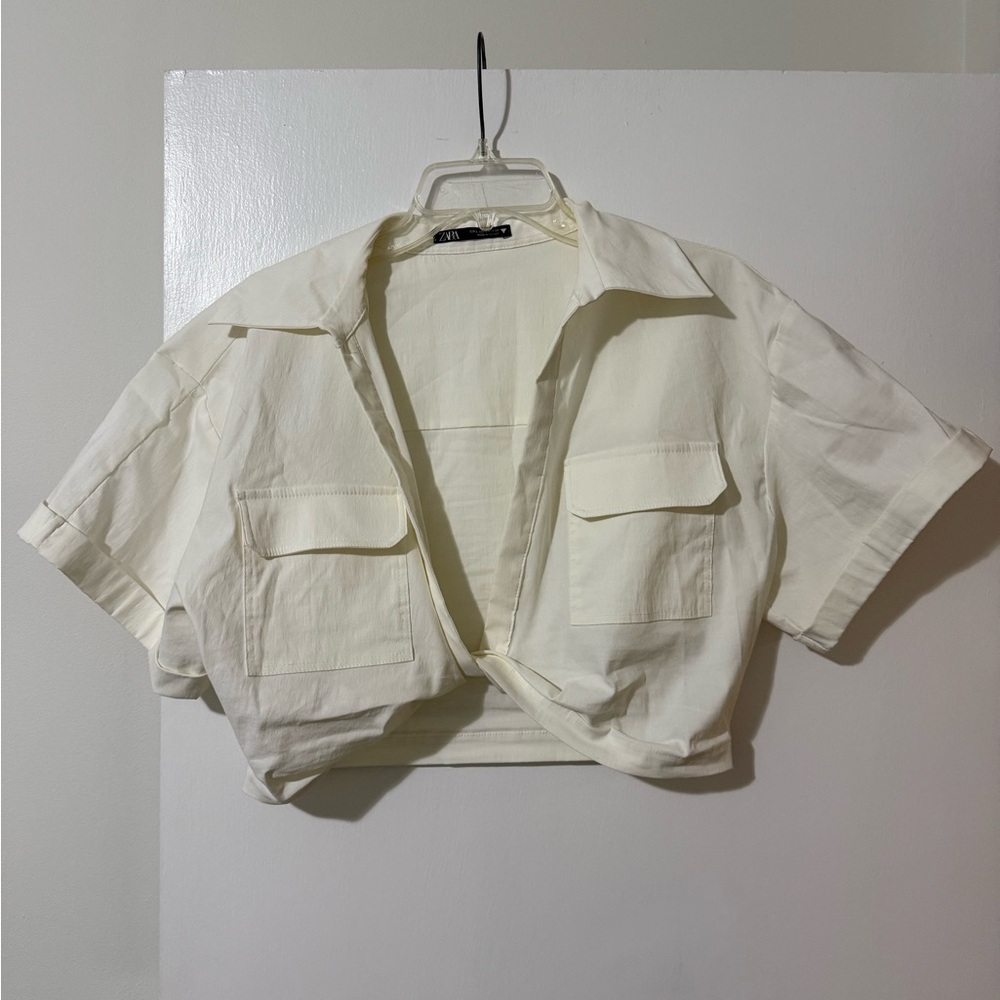 Zara White Cropped Collared Shirt